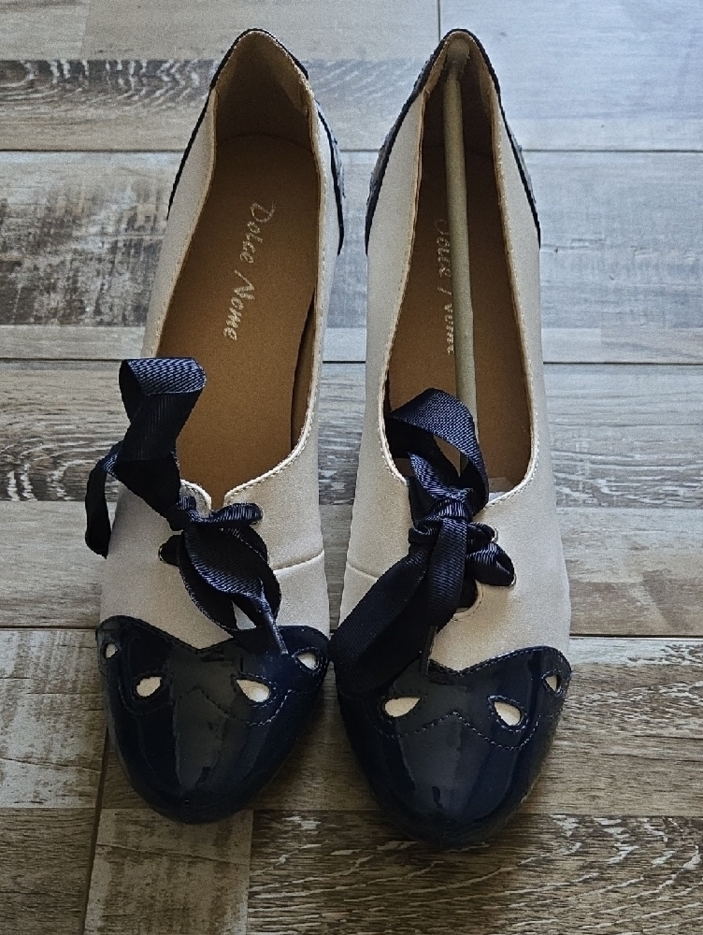Two-Tone White and Navy Ribbon Tie Heels Vintage Inspired
